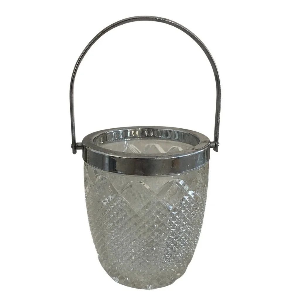 Vintage FB Rogers Mini‎ Ice Bucket Diamond Point Lead Crystal Silver Trim 4
